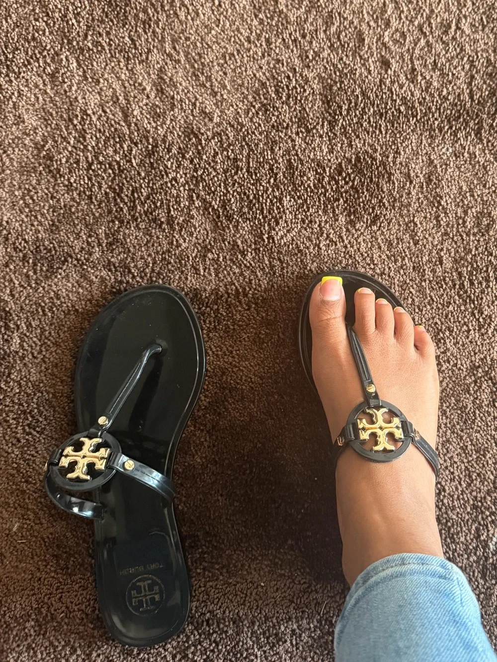 Tory Burch Black Leather Logo Thong Sandals with Gold Emblem
